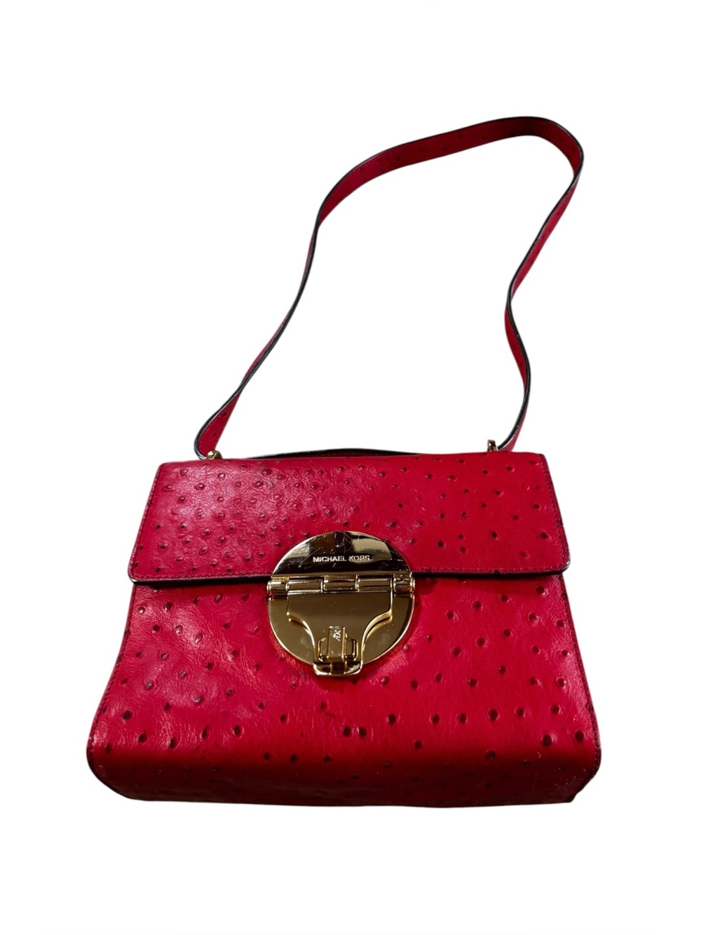 Michael Michael Kors Red Ostrich Leather Shoulder Bag W Gold Medallion /Turnlock
